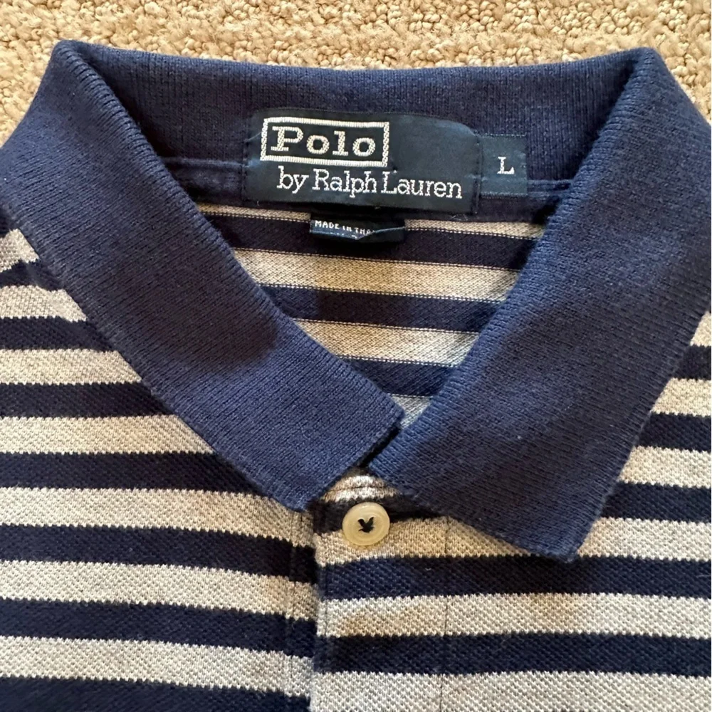 POLO RALPH LAUREN men’s gray & blue striped short sleeve polo shirt - size L/XL